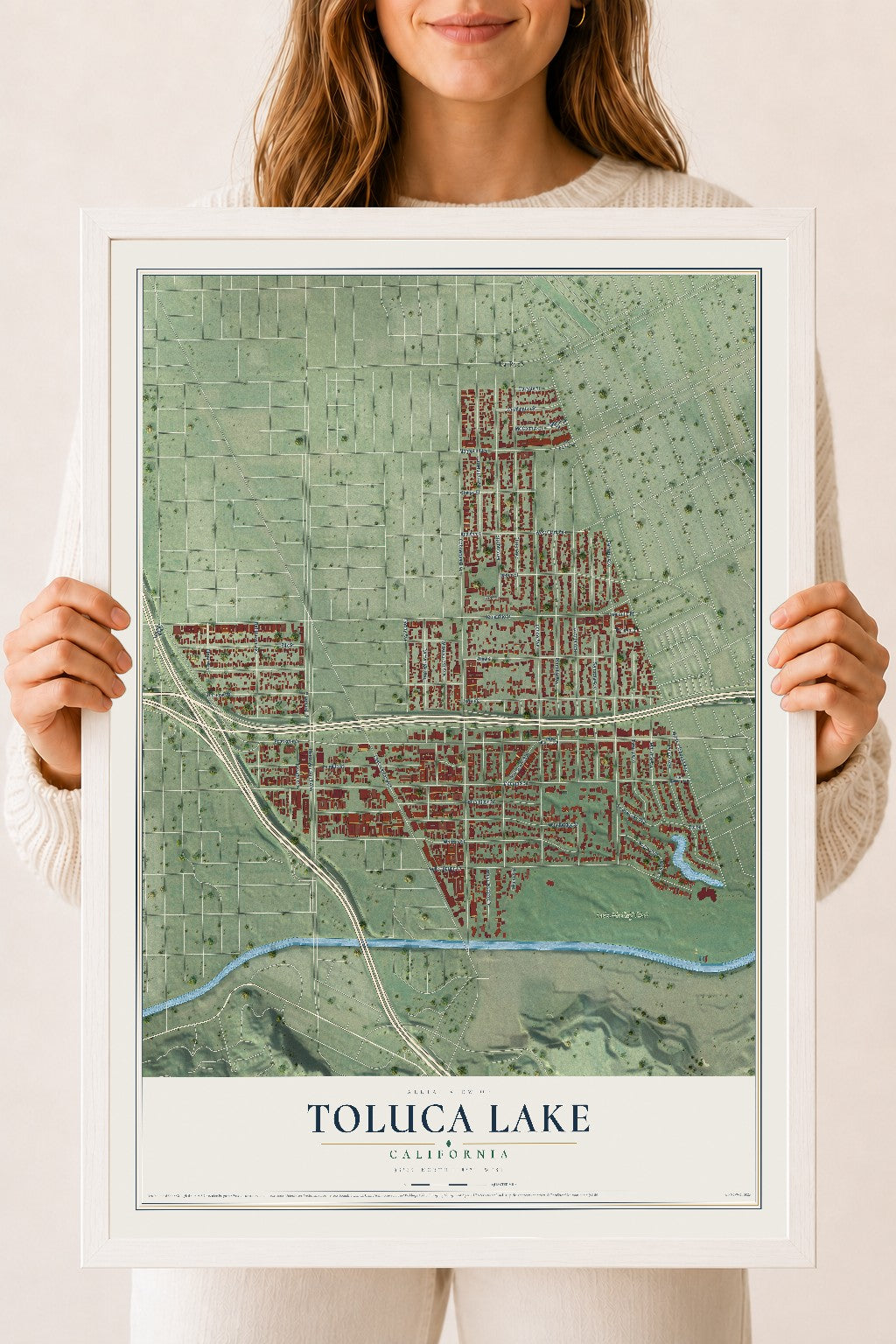 Map of Toluca Lake, California, 18 x 24 inch print in a white wood frame