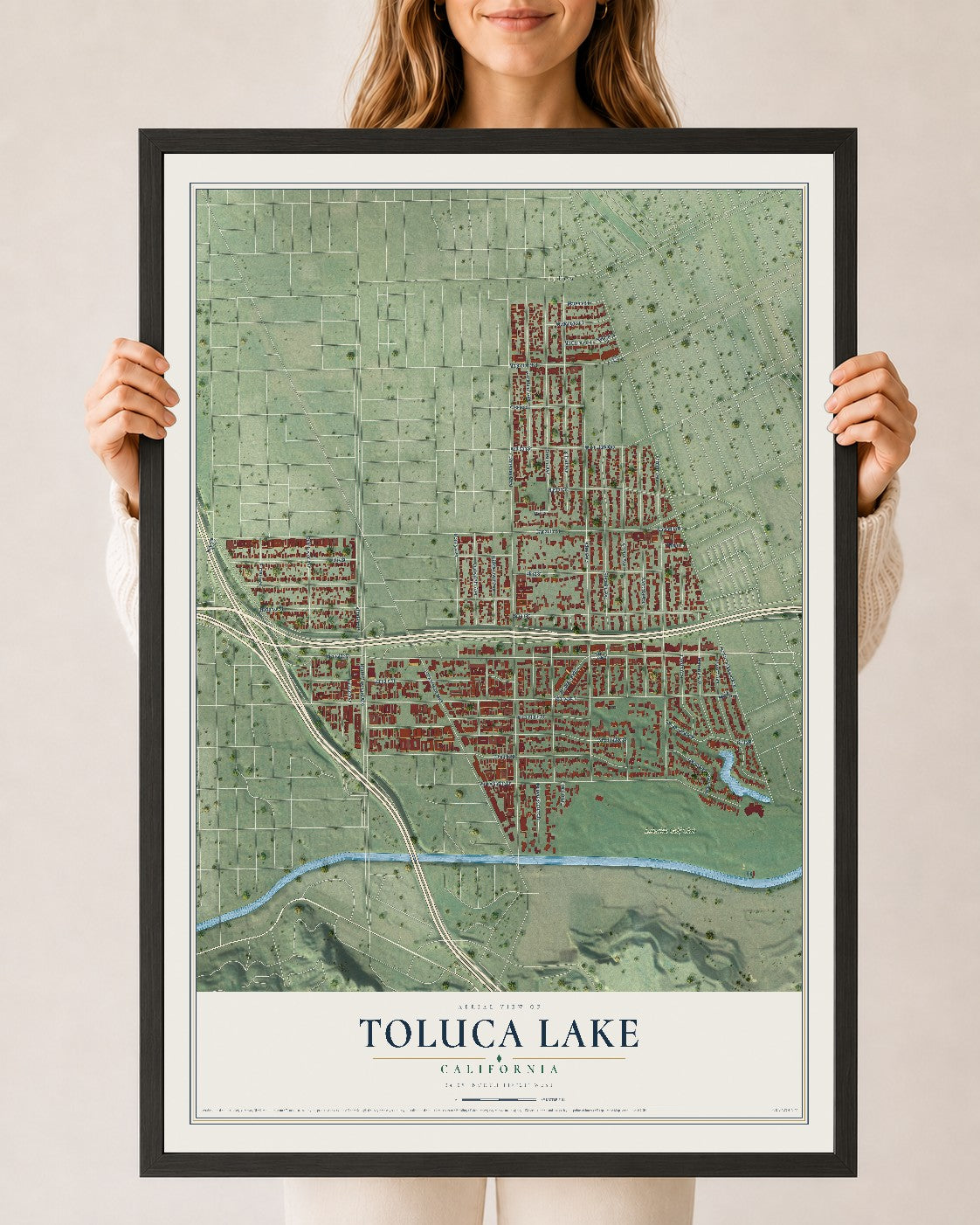 Map of Toluca Lake, California, 24 x 36 inch print in a black wood frame