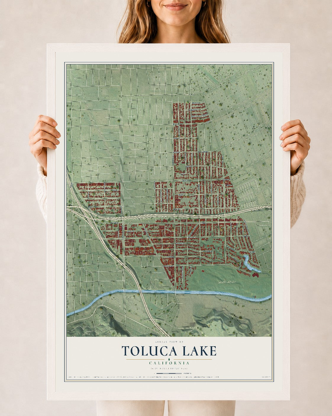 Map of Toluca Lake, California, 24 x 36 inch print in a white wood frame