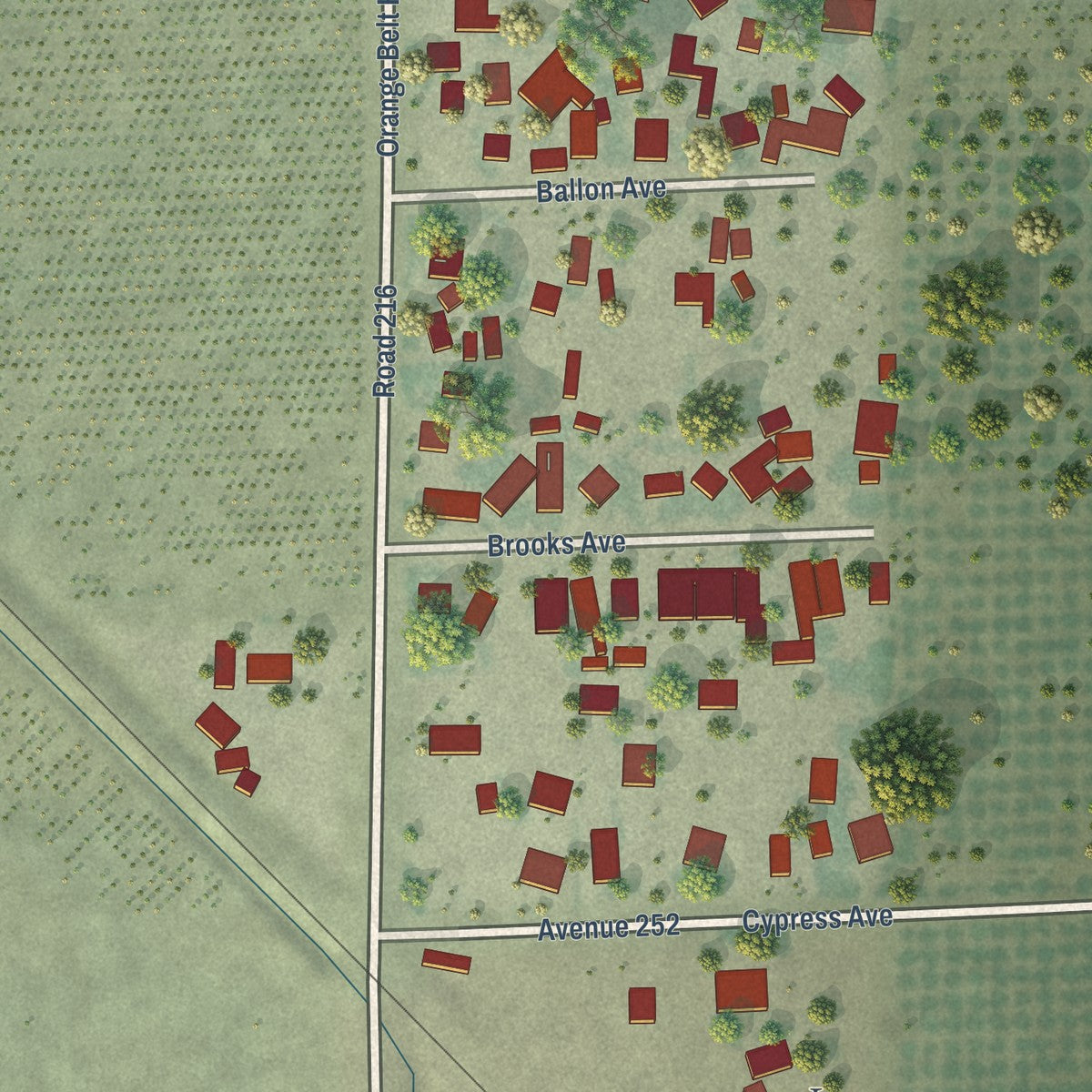 Close-up of the map of Tonyville, California print showing street and building detail