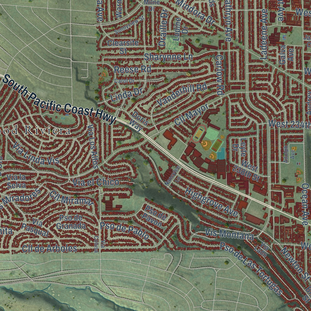 Close-up of the map of Torrance, California print showing street and building detail