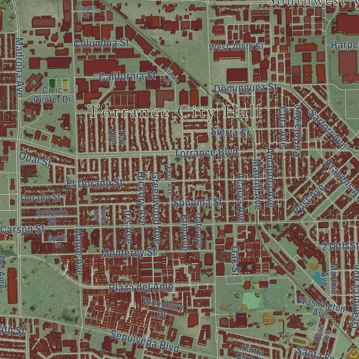 Second close-up of the map of Torrance, California print showing more streets and buildings