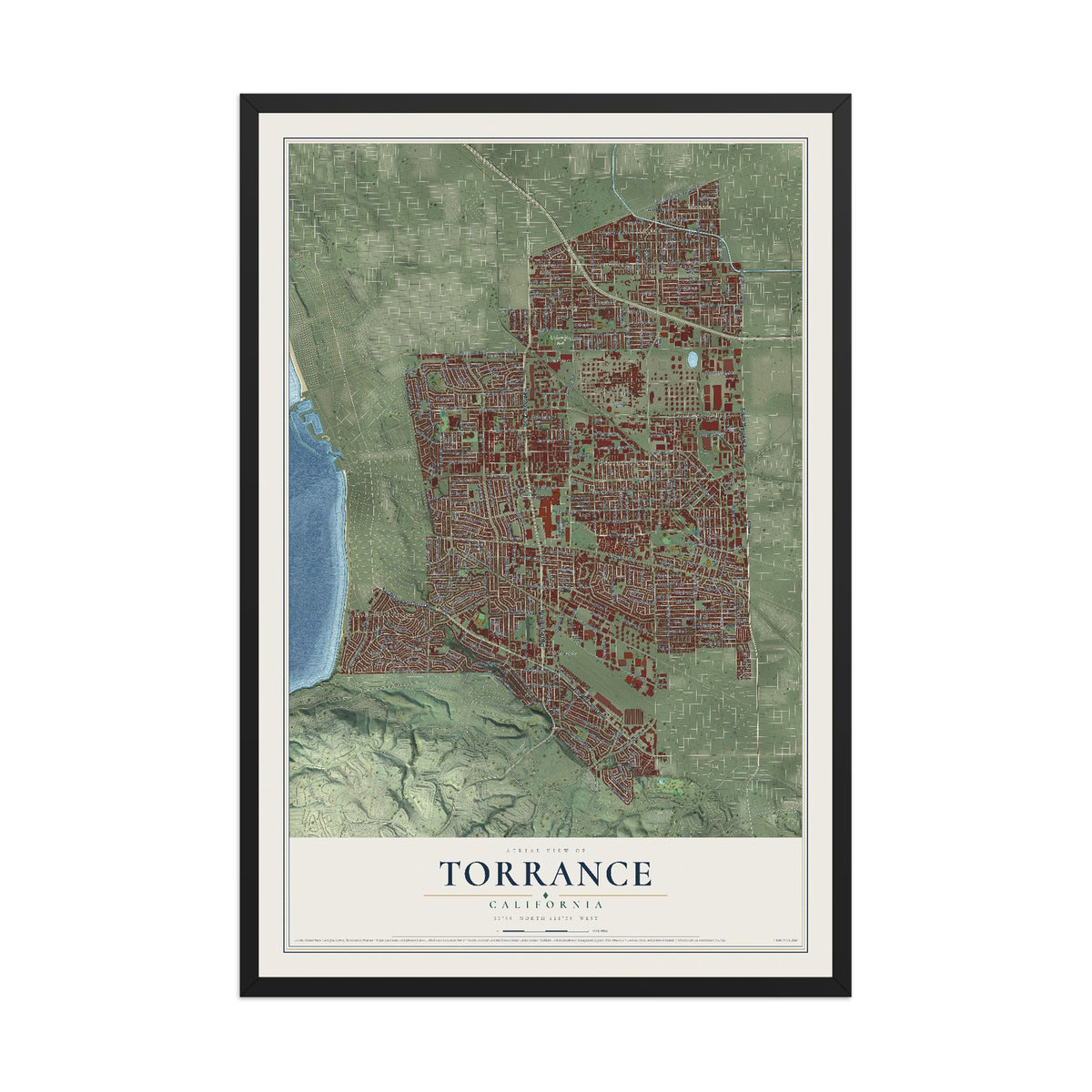 Map of Torrance, California, 12 x 18 inch print in a black wood frame
