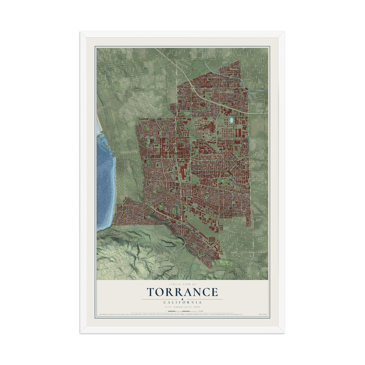 Map of Torrance, California, 12 x 18 inch print in a white wood frame