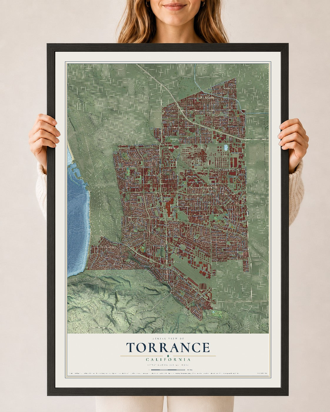 Map of Torrance, California, 24 x 36 inch print in a black wood frame