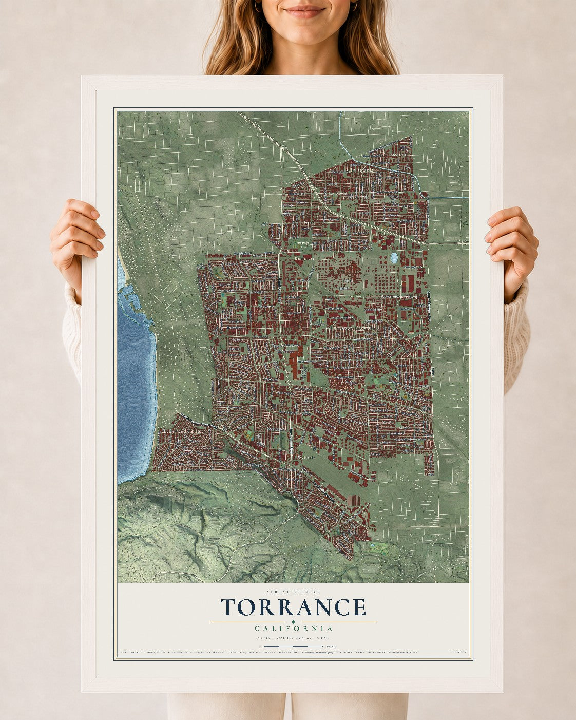 Map of Torrance, California, 24 x 36 inch print in a white wood frame