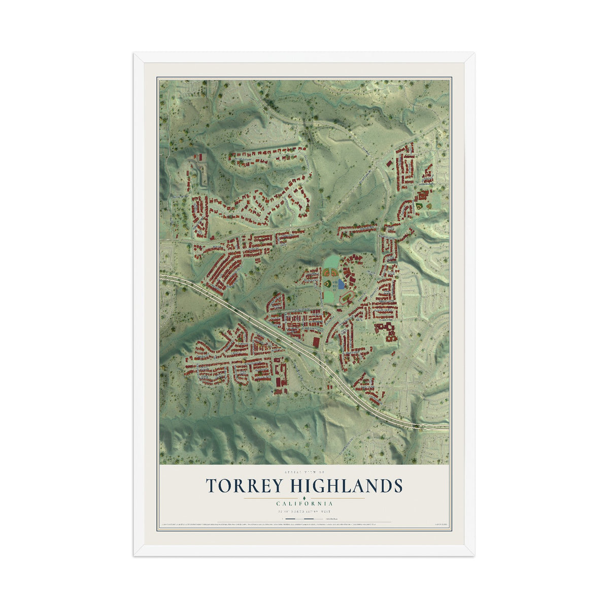 Map of Torrey Highlands, California, 12 x 18 inch print in a white wood frame