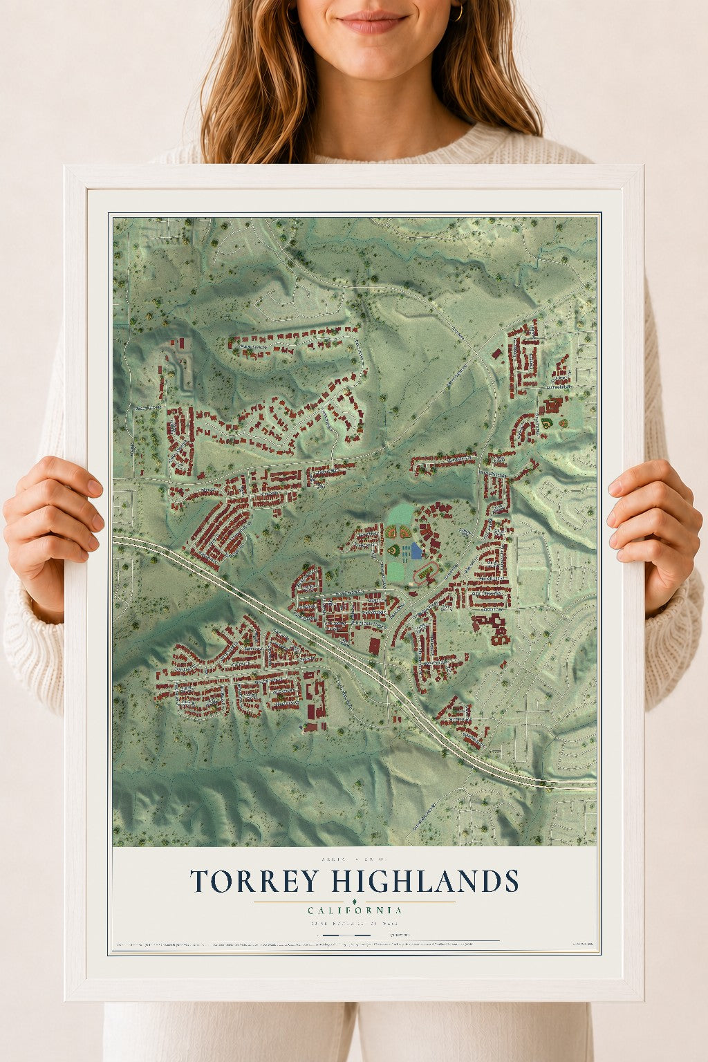 Map of Torrey Highlands, California, 18 x 24 inch print in a white wood frame