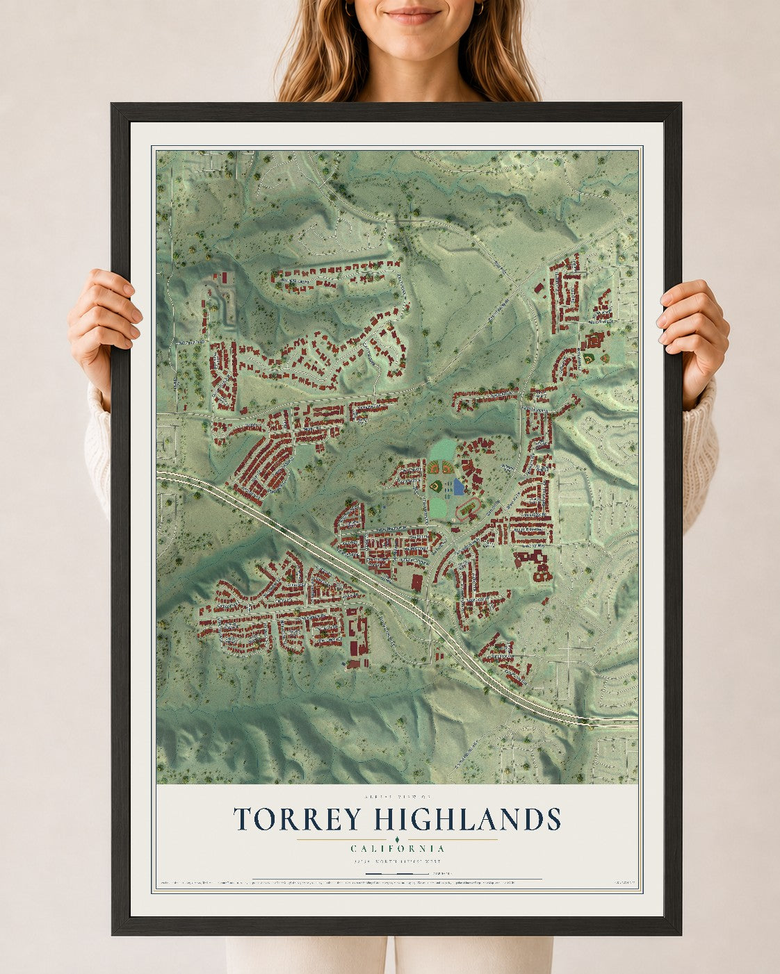 Map of Torrey Highlands, California, 24 x 36 inch print in a black wood frame