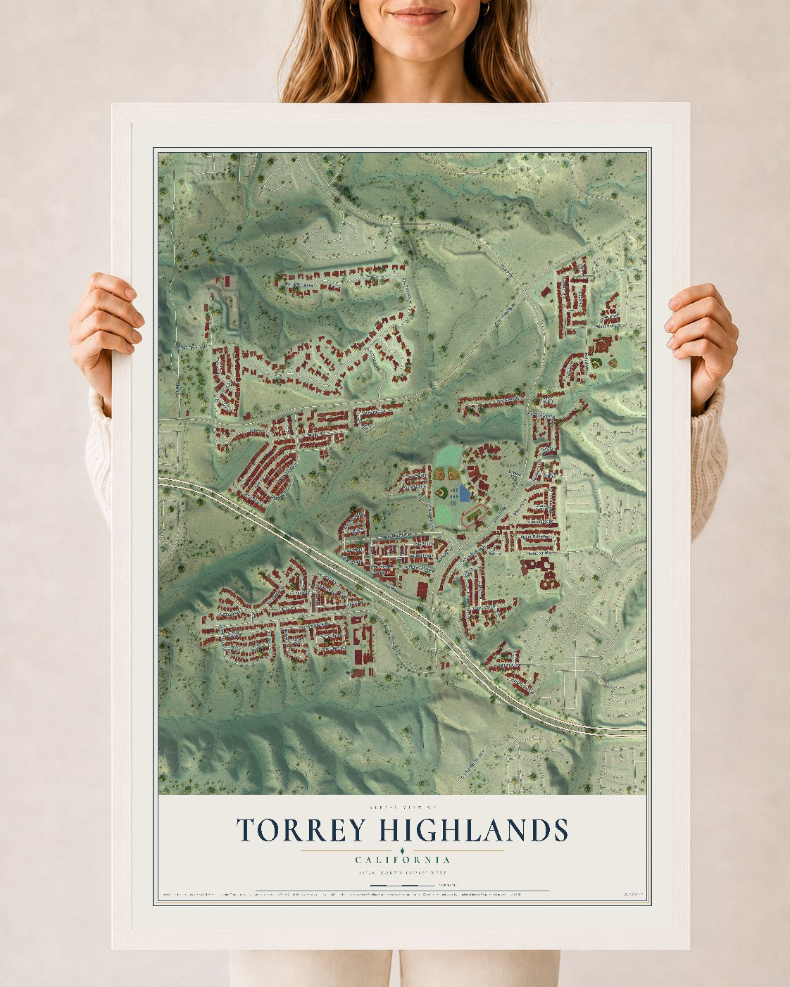 Map of Torrey Highlands, California, 24 x 36 inch print in a white wood frame