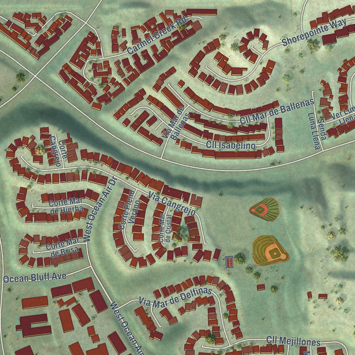 Close-up of the map of Torrey Hills, California print showing street and building detail