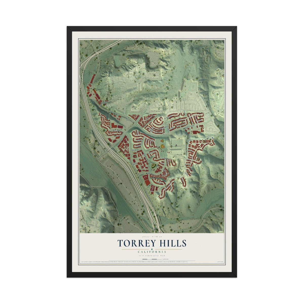 Map of Torrey Hills, California, 12 x 18 inch print in a black wood frame