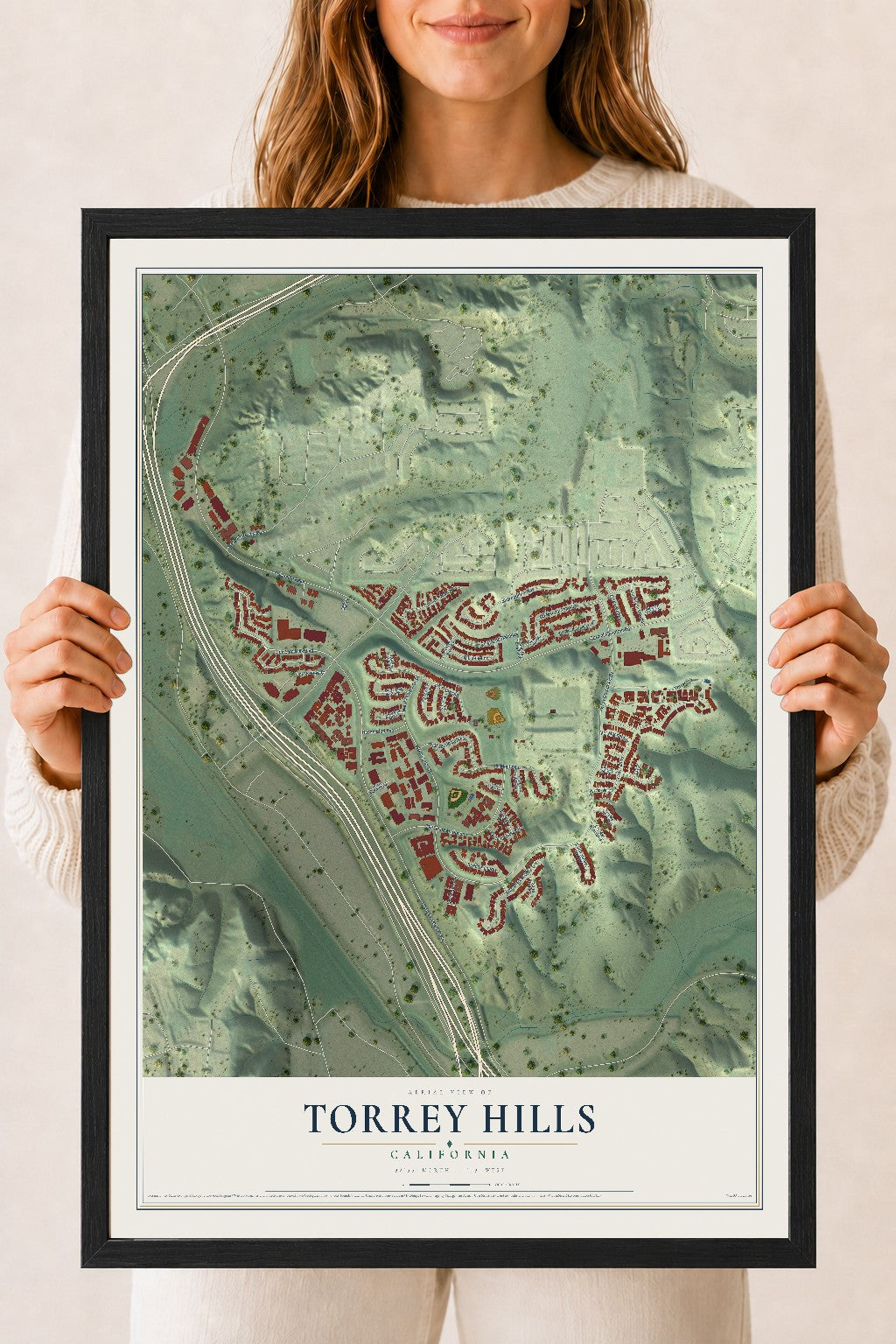 Map of Torrey Hills, California, 18 x 24 inch print in a black wood frame