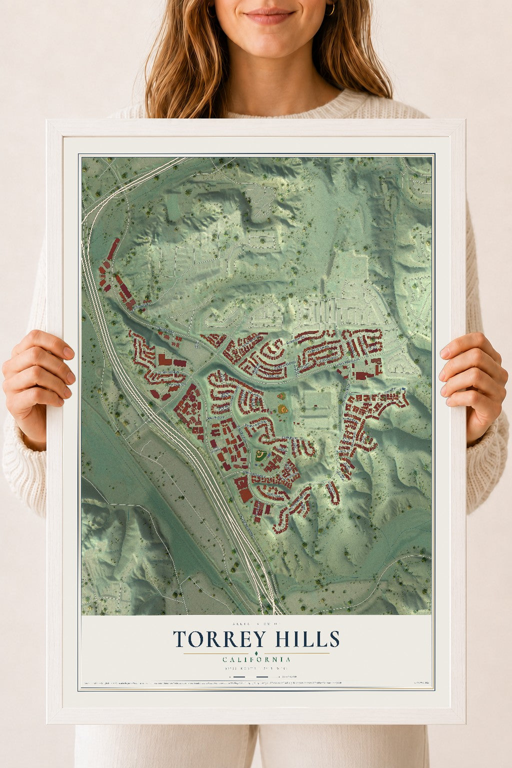 Map of Torrey Hills, California, 18 x 24 inch print in a white wood frame