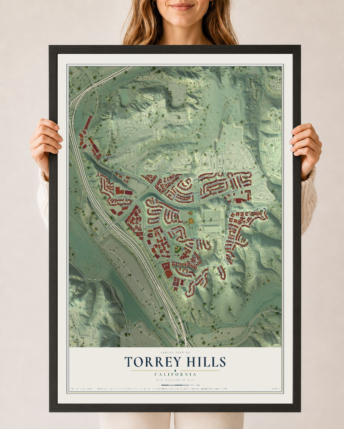 Map of Torrey Hills, California, 24 x 36 inch print in a black wood frame