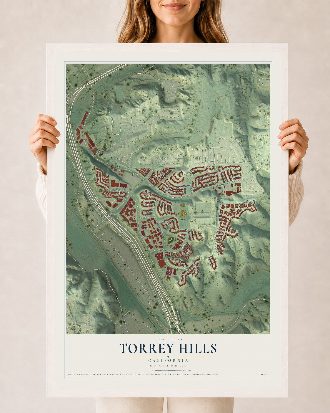 Map of Torrey Hills, California, 24 x 36 inch print in a white wood frame