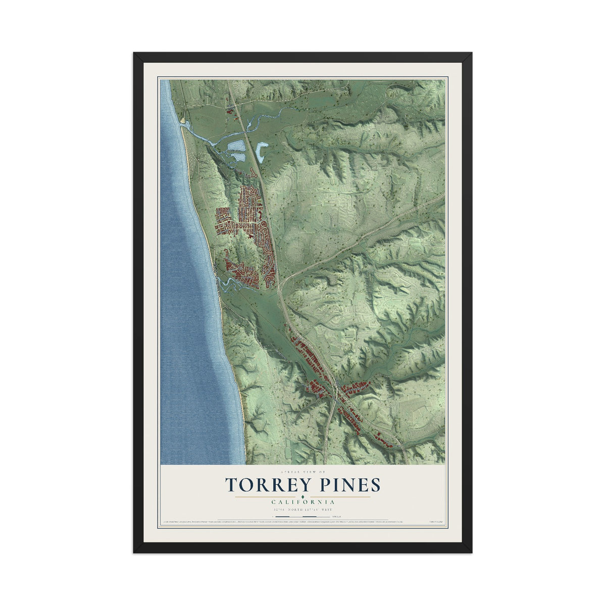 Map of Torrey Pines, California, 12 x 18 inch print in a black wood frame
