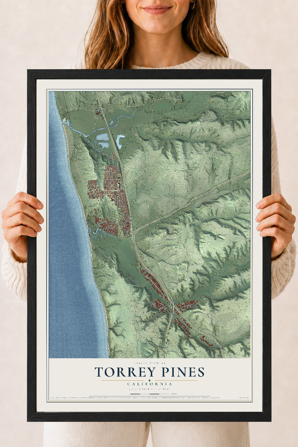 Map of Torrey Pines, California, 18 x 24 inch print in a black wood frame