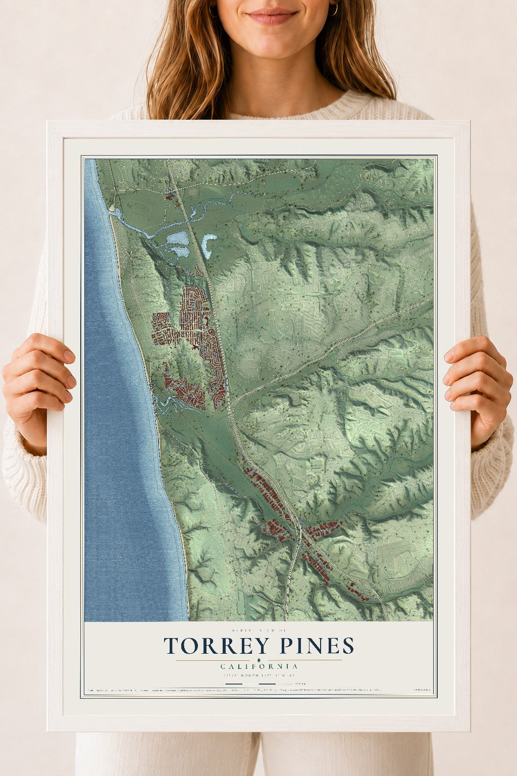 Map of Torrey Pines, California, 18 x 24 inch print in a white wood frame