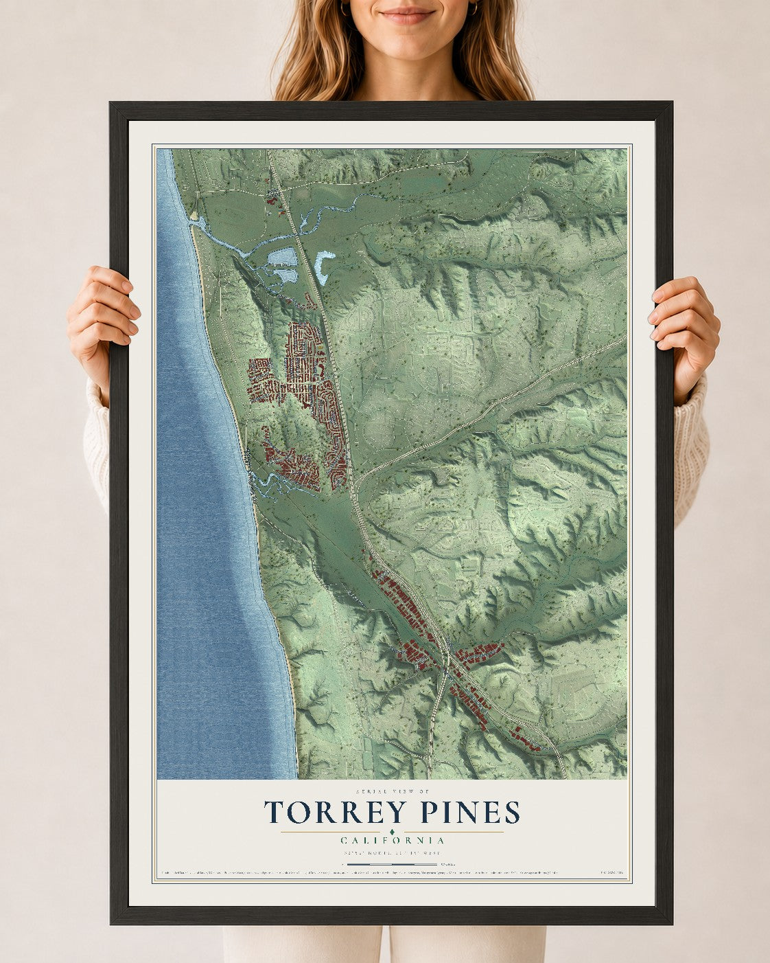 Map of Torrey Pines, California, 24 x 36 inch print in a black wood frame