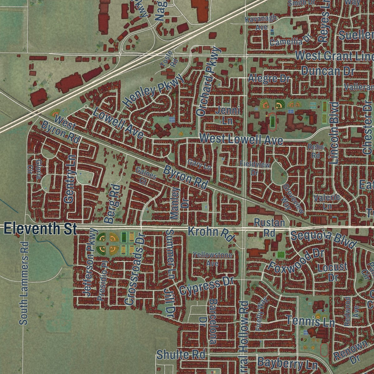 Close-up of the map of Tracy, California print showing street and building detail