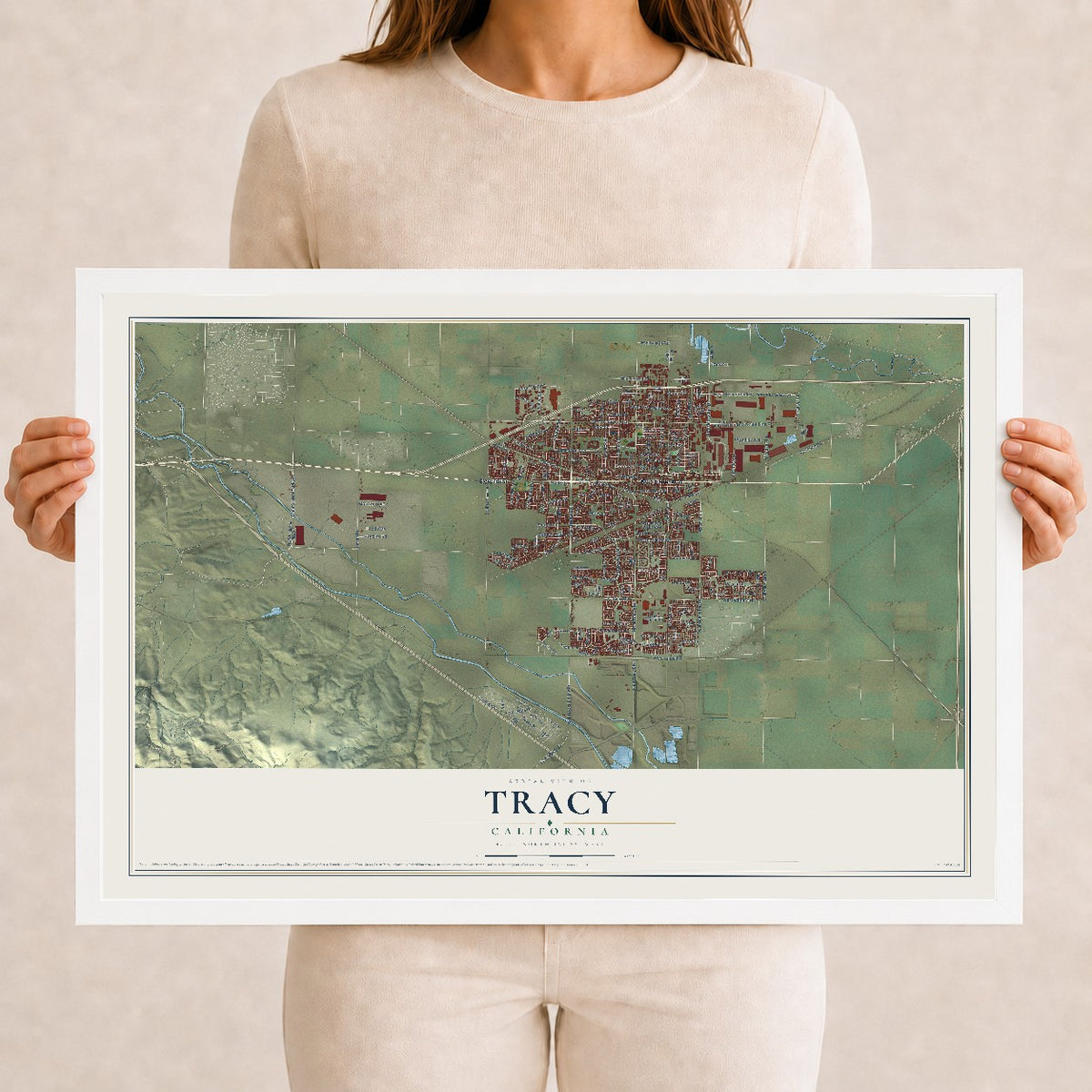 Map of Tracy, California, 12 x 18 inch print in a white wood frame