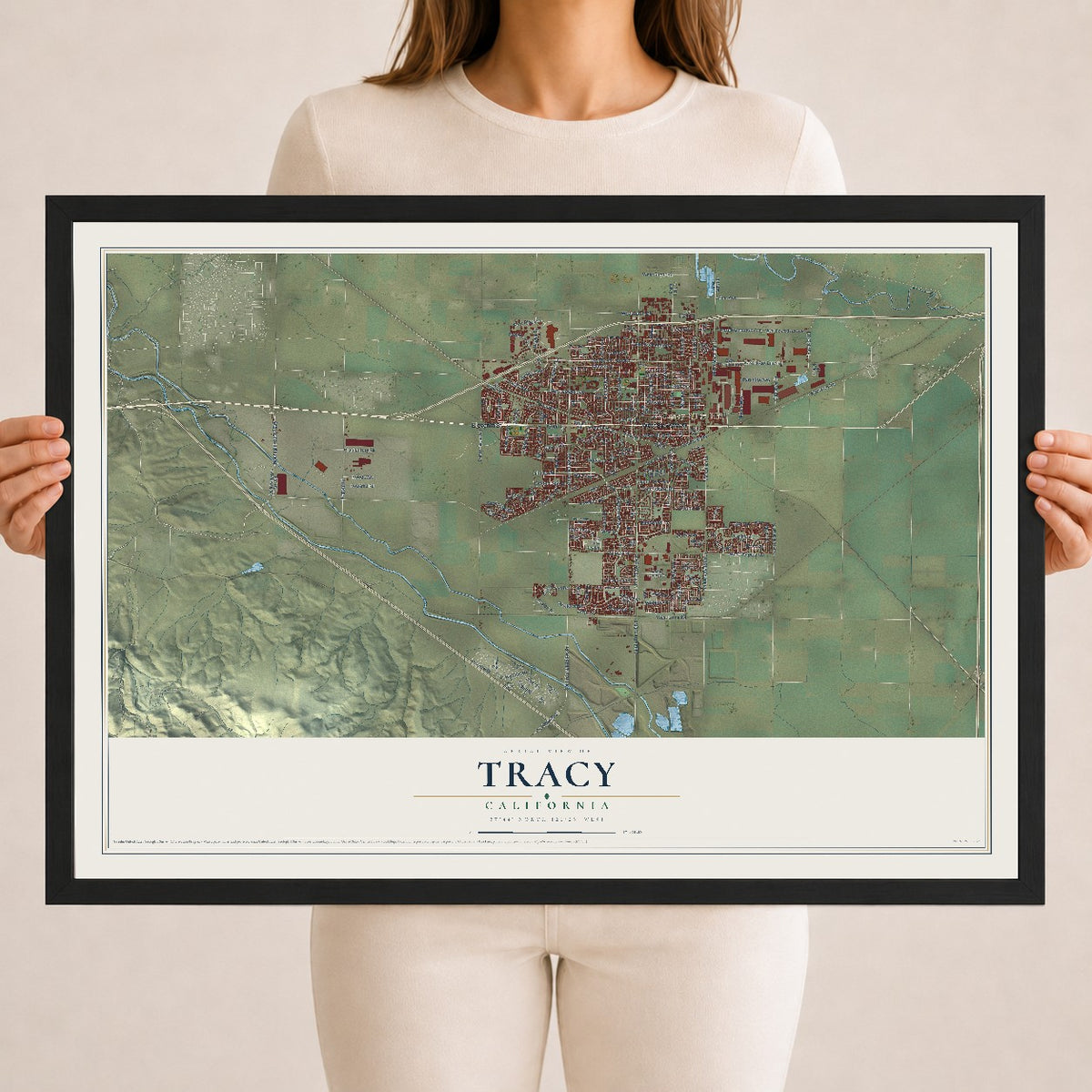 Map of Tracy, California, 18 x 24 inch print in a black wood frame
