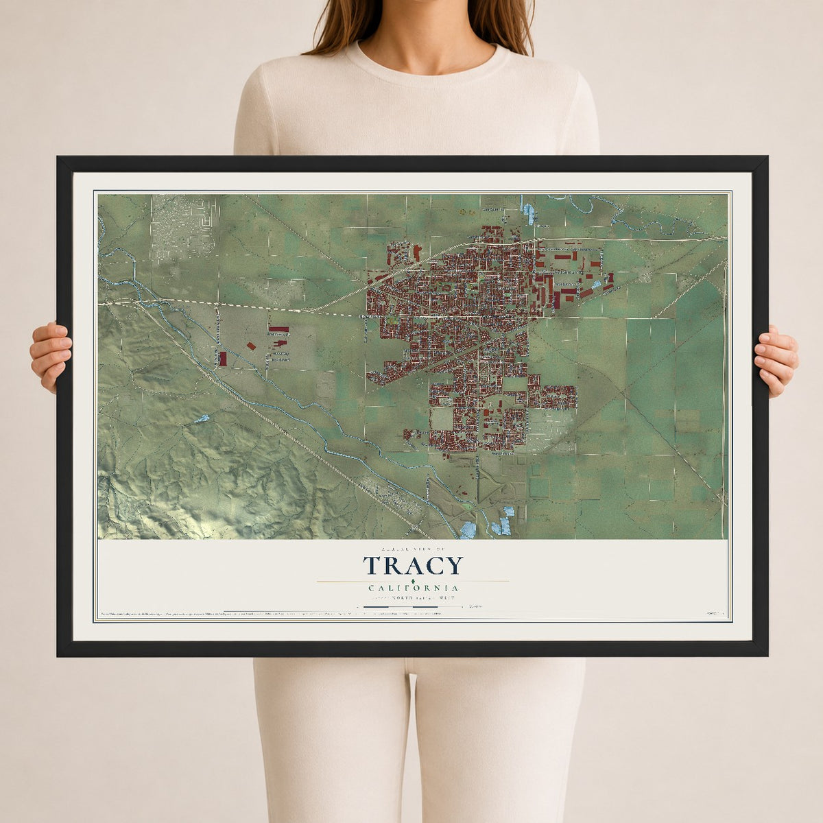 Map of Tracy, California, 24 x 36 inch print in a black wood frame