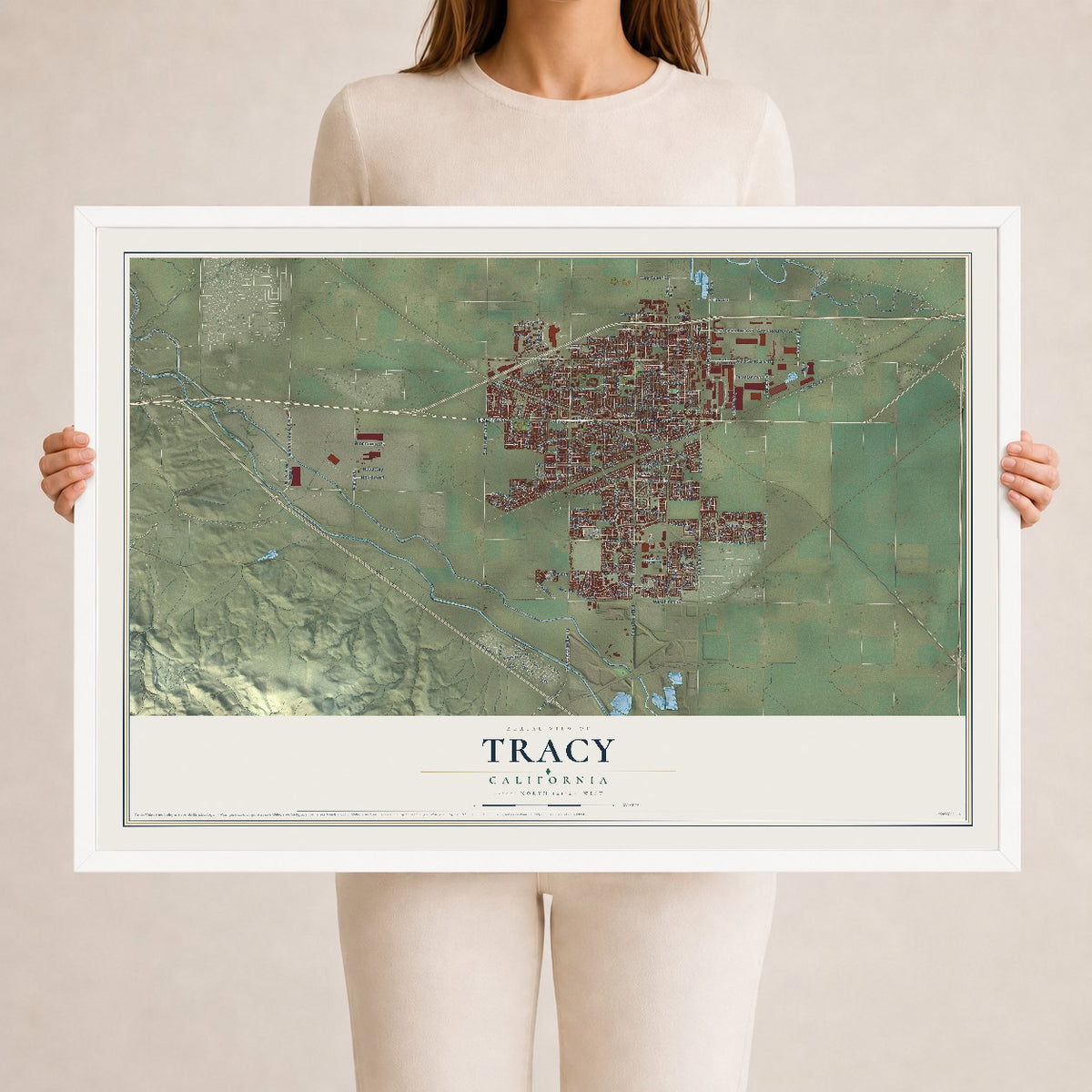 Map of Tracy, California, 24 x 36 inch print in a white wood frame