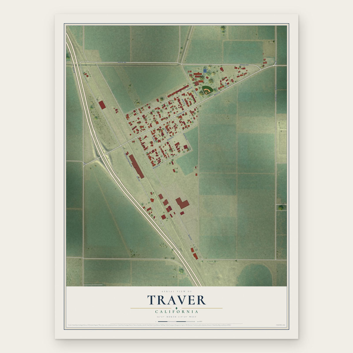 Traver, California map print, the full design