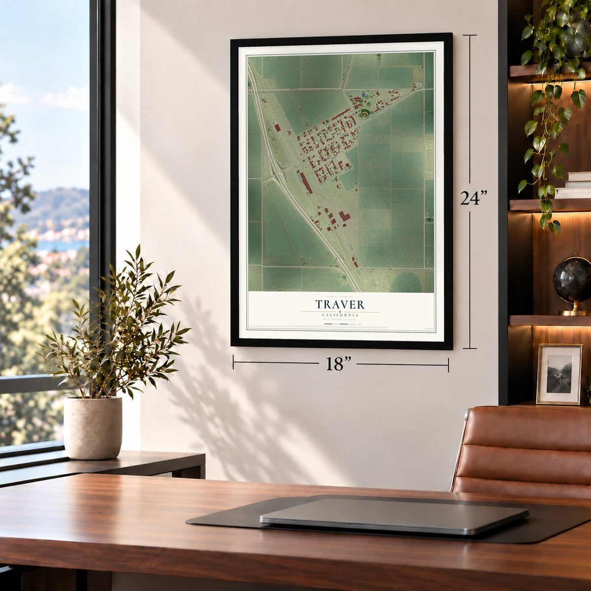 Traver, California map, 18 x 24 inch print in a black frame in a home office