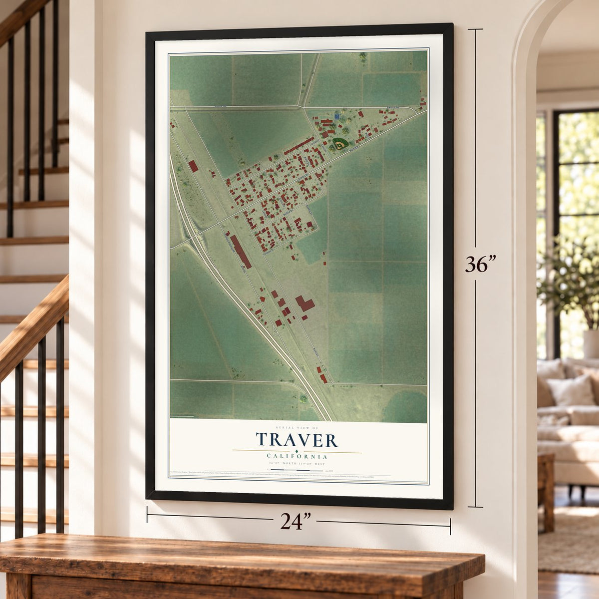 Traver, California map, 24 x 36 inch print in a black frame by a staircase