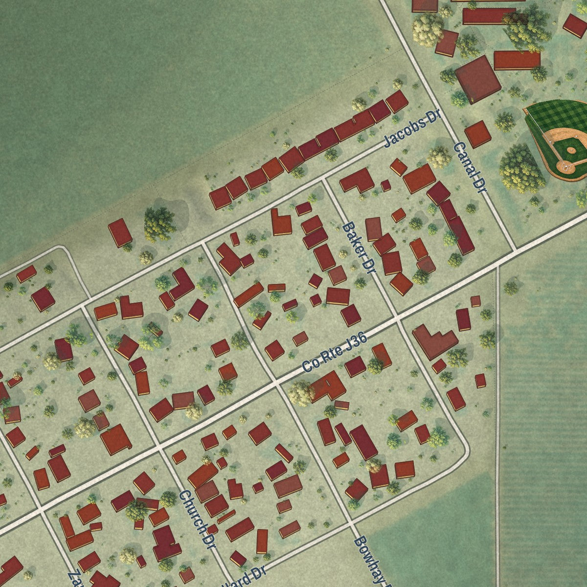 Close-up of the map of Traver, California print showing street and building detail