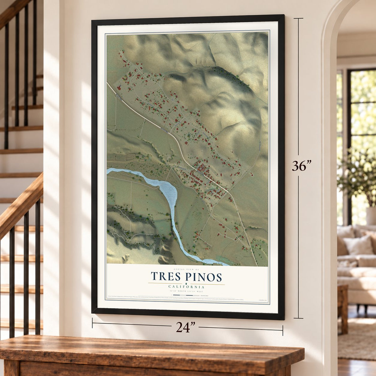Tres Pinos, California map, 24 x 36 inch print in a black frame by a staircase