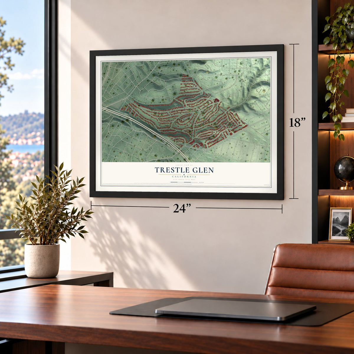 Trestle Glen, California map, 18 x 24 inch print in a black frame in a home office