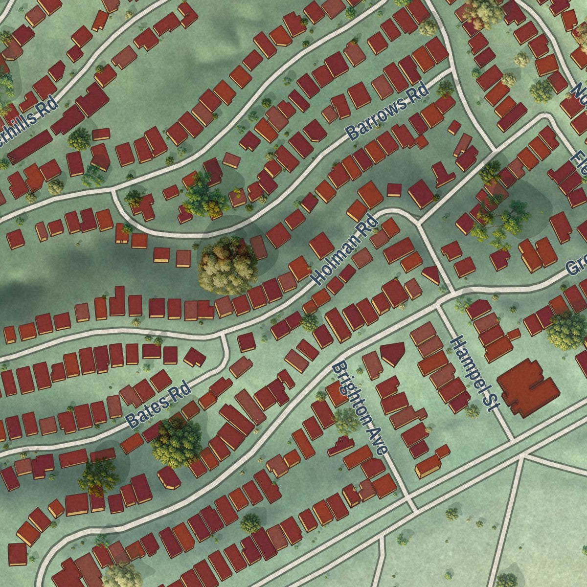 Close-up of the map of Trestle Glen, California print showing street and building detail
