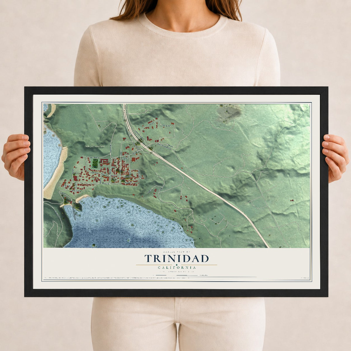 Map of Trinidad, California, 12 x 18 inch print in a black wood frame