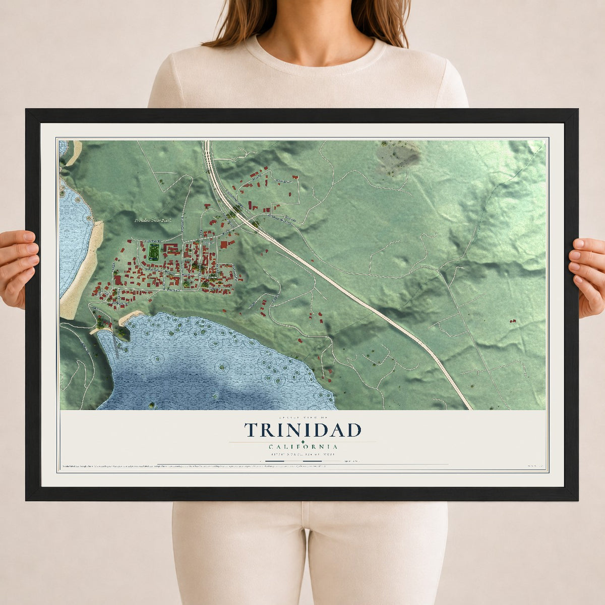 Map of Trinidad, California, 18 x 24 inch print in a black wood frame