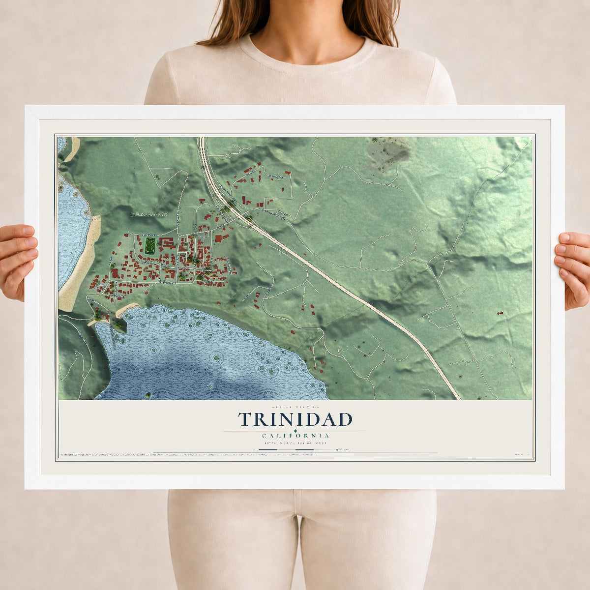 Map of Trinidad, California, 18 x 24 inch print in a white wood frame