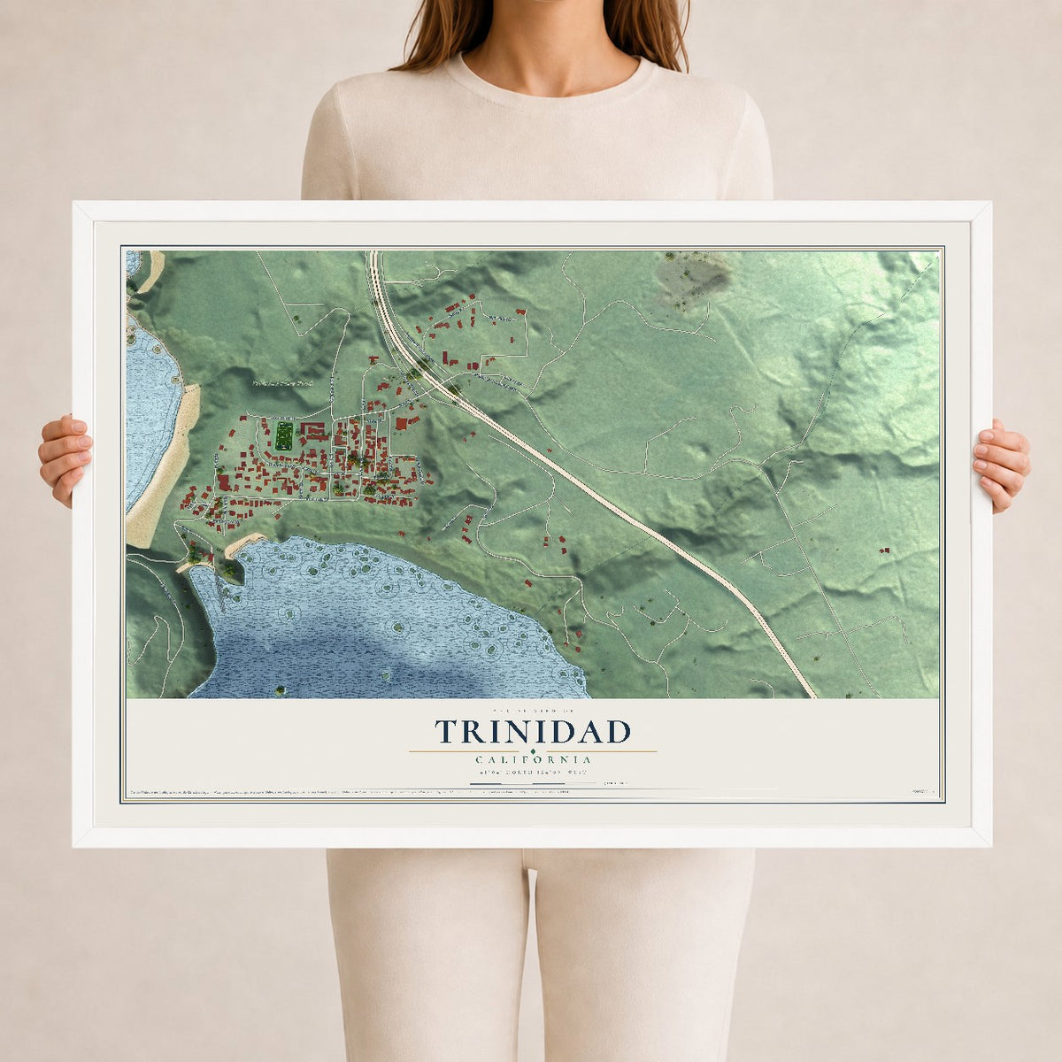 Map of Trinidad, California, 24 x 36 inch print in a white wood frame