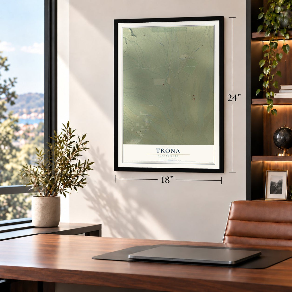 Trona, California map, 18 x 24 inch print in a black frame in a home office