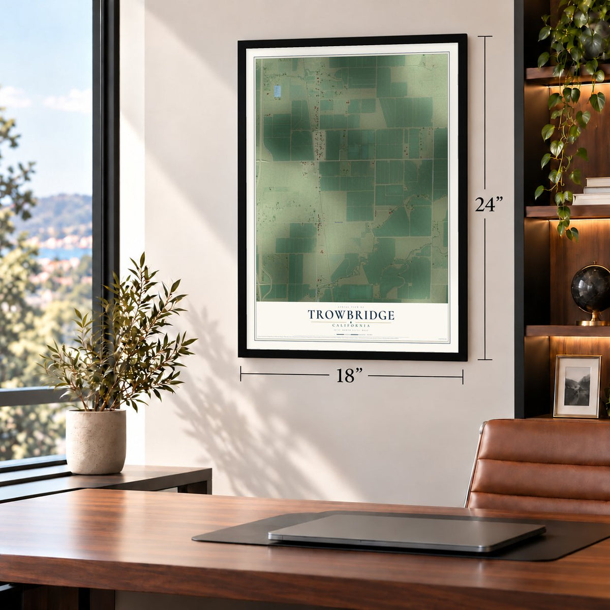 Trowbridge, California map, 18 x 24 inch print in a black frame in a home office