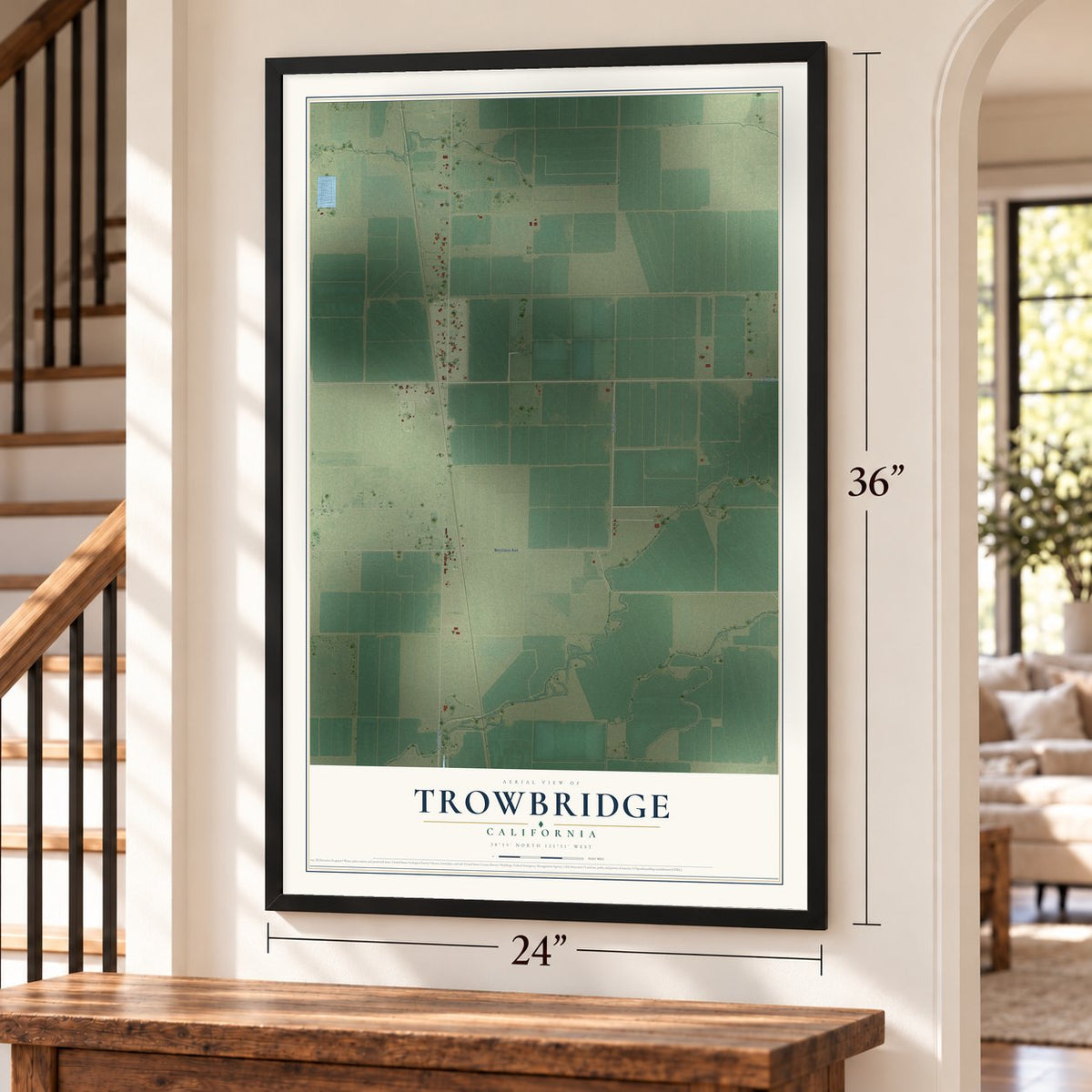 Trowbridge, California map, 24 x 36 inch print in a black frame by a staircase