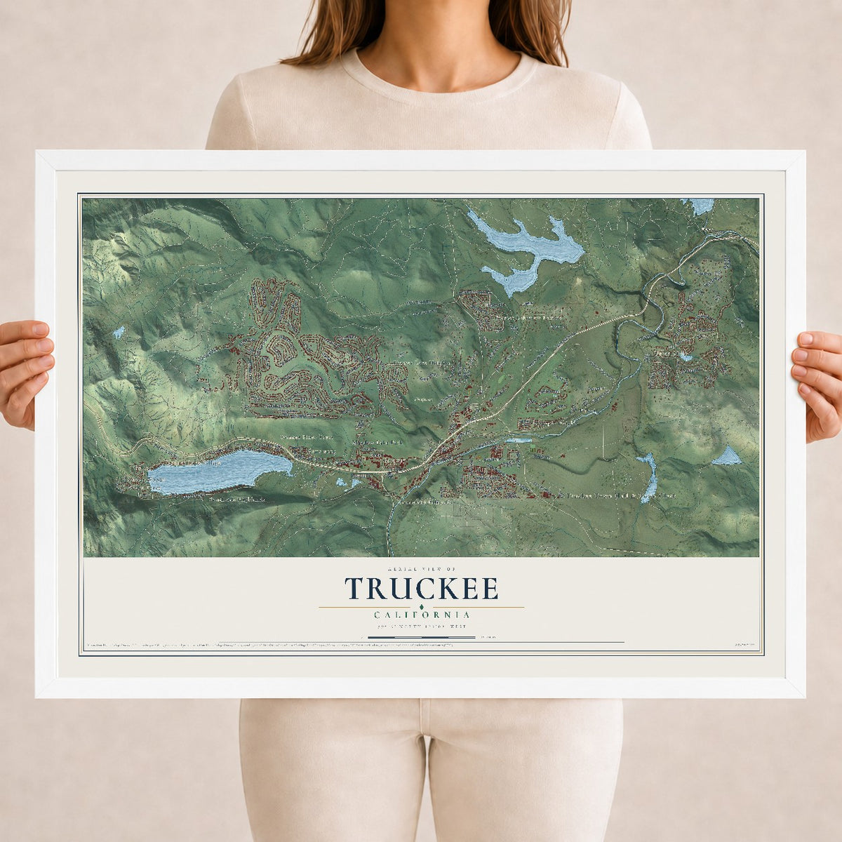 Map of Truckee, California, 18 x 24 inch print in a white wood frame