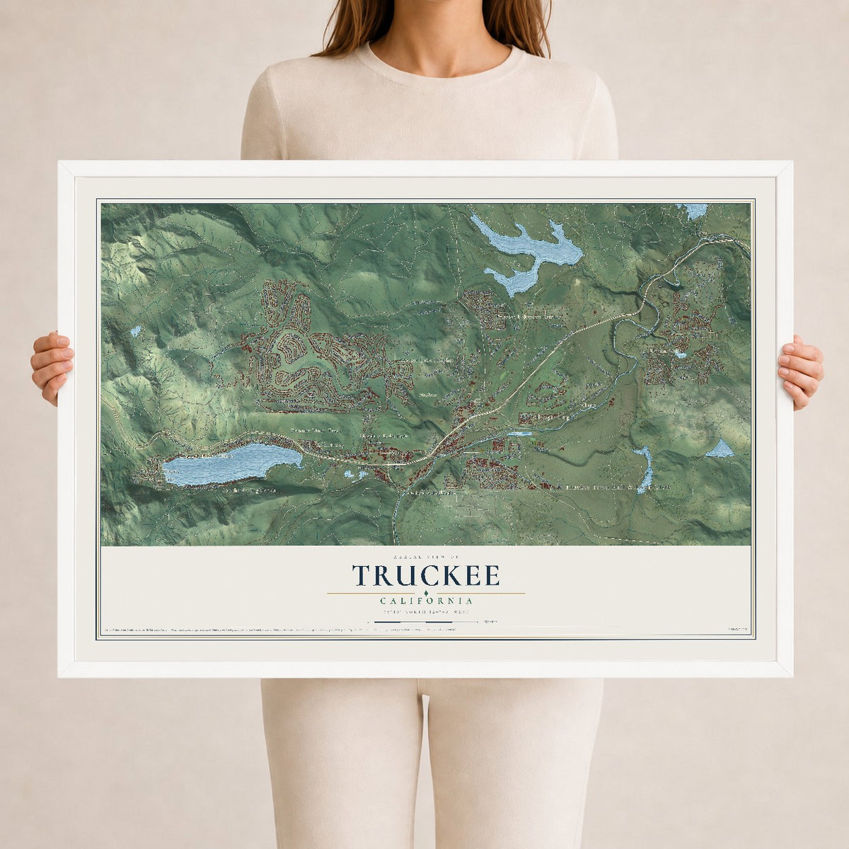 Map of Truckee, California, 24 x 36 inch print in a white wood frame