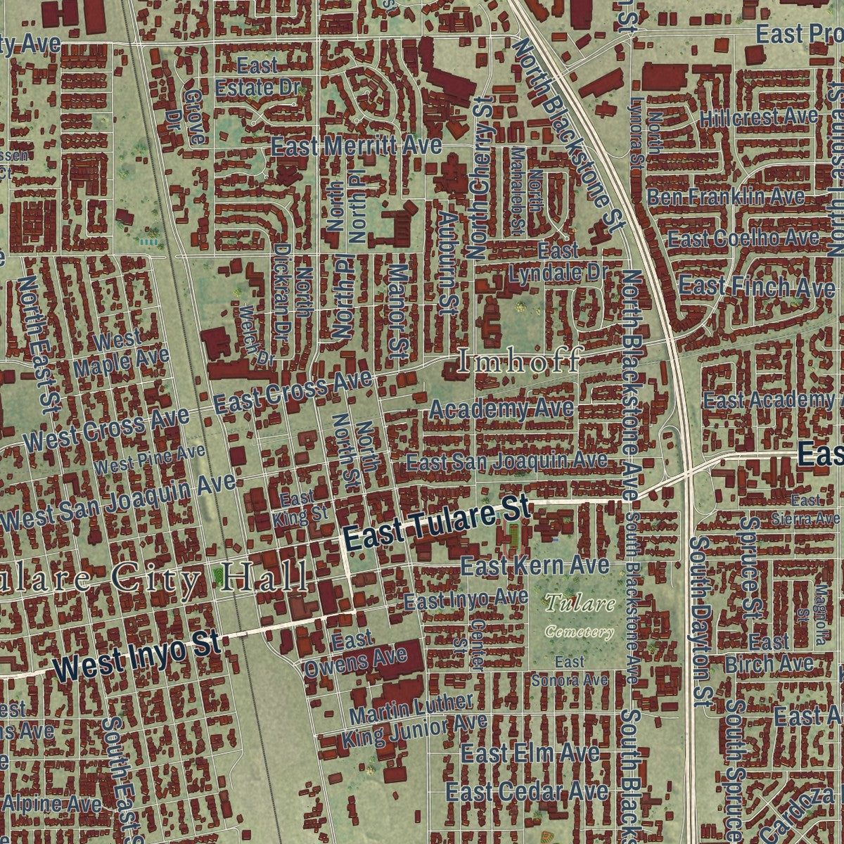 Close-up of the map of Tulare, California print showing street and building detail
