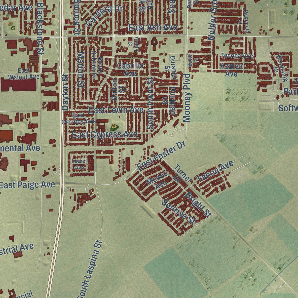 Second close-up of the map of Tulare, California print showing more streets and buildings