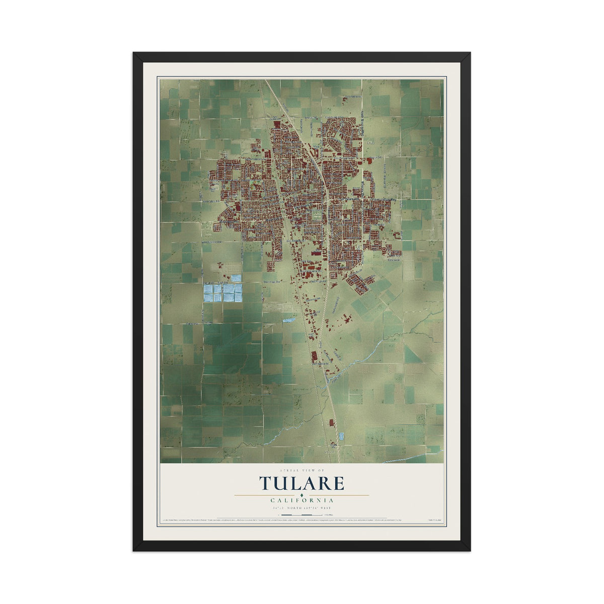 Map of Tulare, California, 12 x 18 inch print in a black wood frame