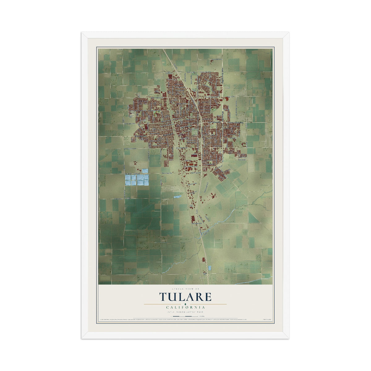 Map of Tulare, California, 12 x 18 inch print in a white wood frame