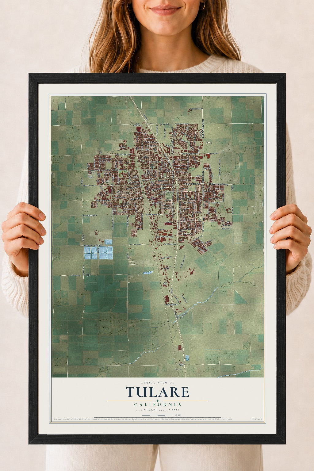 Map of Tulare, California, 18 x 24 inch print in a black wood frame
